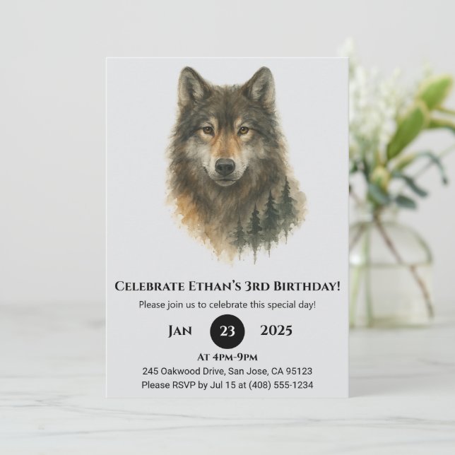 Convites Custom Watercolor Wolf Birthday  (Em pé/Frente)