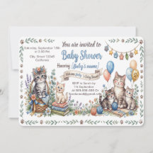 Custom Whimsical Cat Theme Baby Shower Invitation 