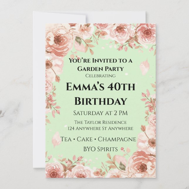 Convites Customisable Mint Green & Pink Floral Garden Party (Frente)