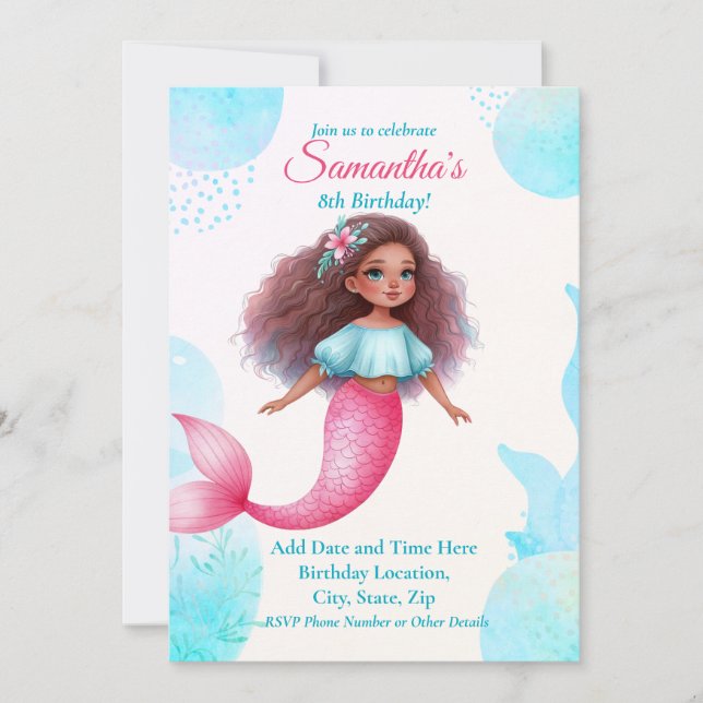 Convites Customizable African American Mermaid Party (Frente)