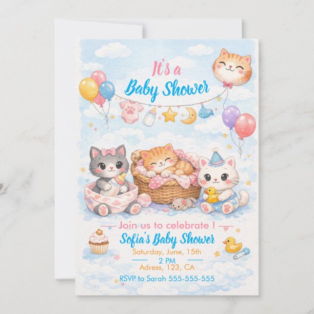 Convites Customizable Cat-themed Baby Shower Invitation (Frente)