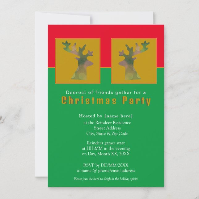 Convites Customized Reindeer Red Green Gold Christmas Party (Frente)