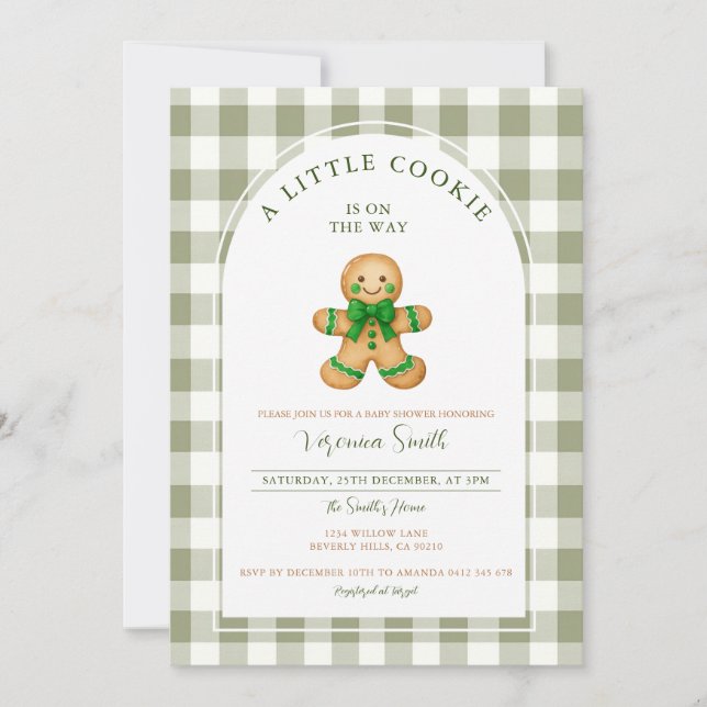 Convites Cute A little Cookie baby shower green gingham  (Frente)