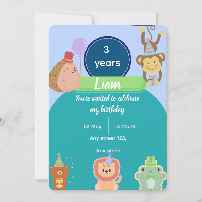 Convites Cute Animal 3rd Birthday for Boys Editable (Frente)