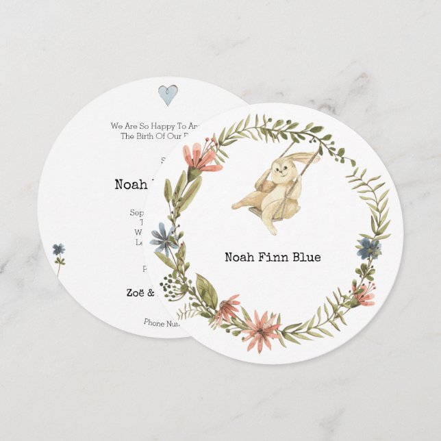 Convites Cute Animal Rabbit Baby Boy Announcement Card (Frente/Verso)