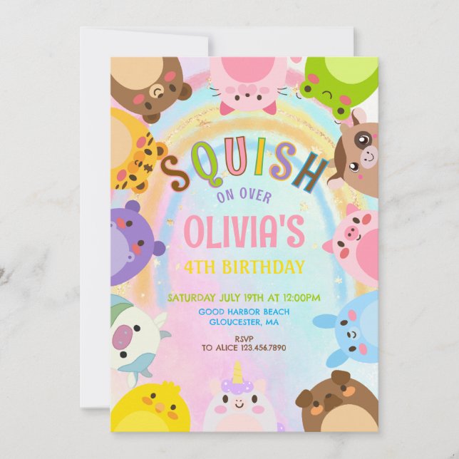 Convites Cute Animals Squish On Over rainbow  Birthday  (Frente)