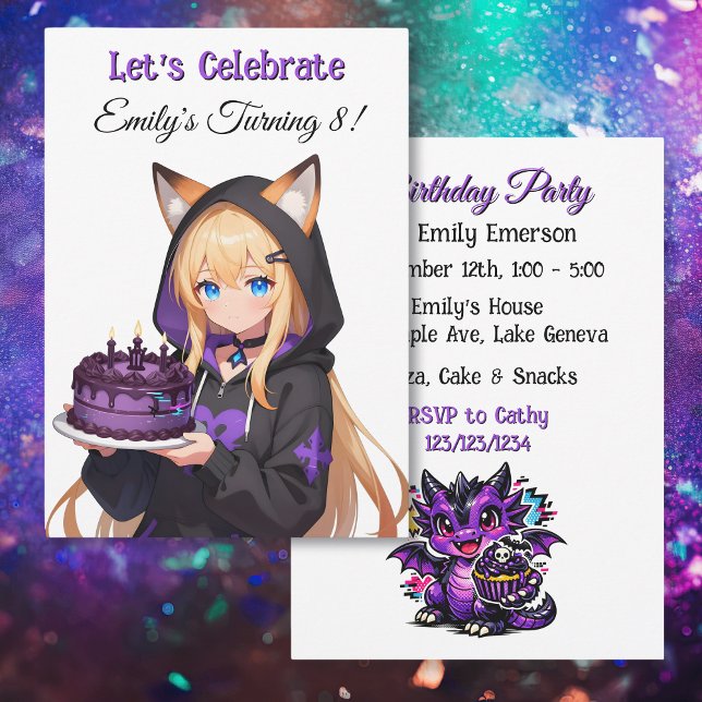 Convites Cute Anime Girl and Dragon Girl's Birthday Party (Criador carregado)