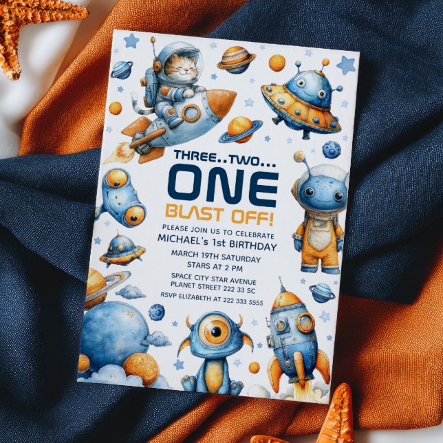 Convites Cute Astronaut Cat Blast Off Space 1st Birthday (Criador carregado)