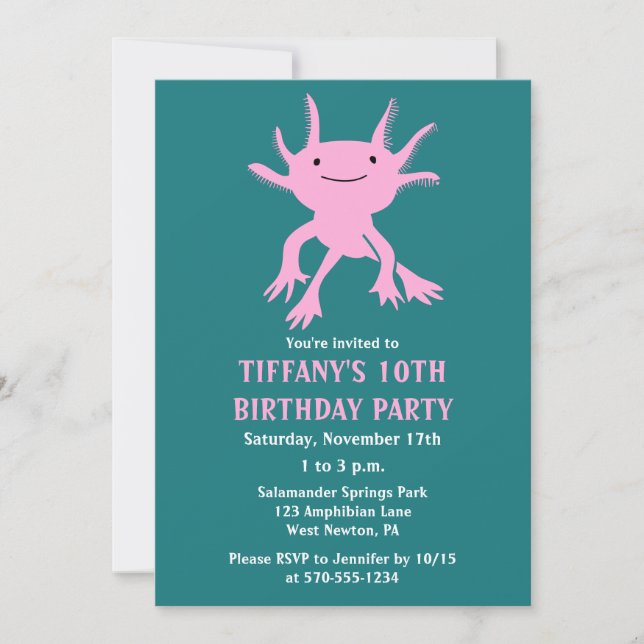 Convites Cute Axolotl Pink Salamander Birthday Party (Frente)