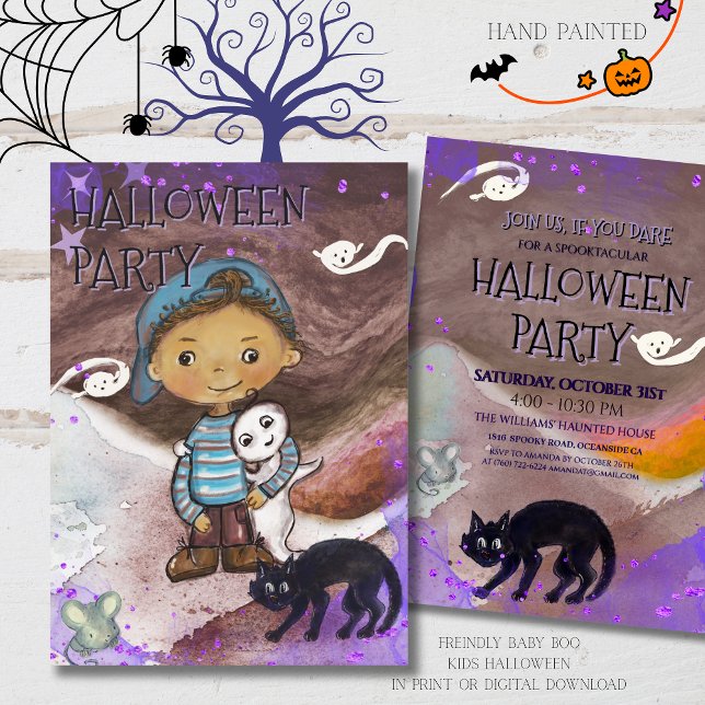Convites Cute Baby boo, cat & Boy Halloween Party  (Cute Baby boo, cat & Boy Halloween Party Invitation)