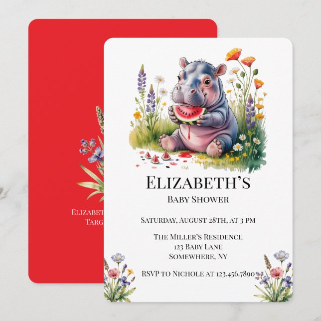 Convites Cute Baby Hippopotamus Watermelon Baby Shower  (Frente/Verso)