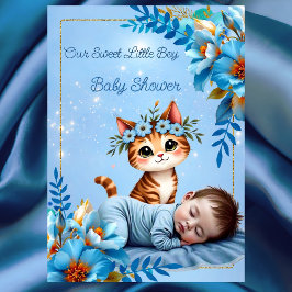 Convites Cute Baby Shower Boy Blue Little Cat Kitten