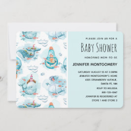 Convites Cute Baleias Náuticas Padrão de Aquarela para Banh