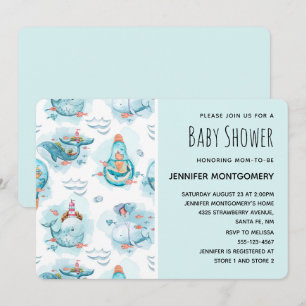 Convites Cute Baleias Náuticas Padrão de Aquarela para Banh