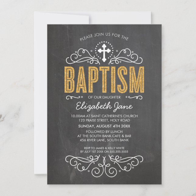 Convites CUTE BAPTISM elegante com lamela de ouro (Frente)