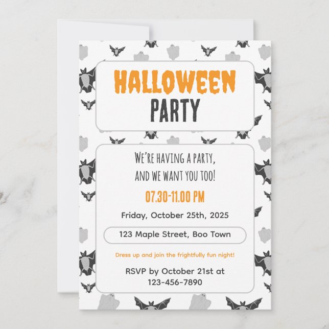 Convites Cute Bat and Ghost Halloween Invitation. (Frente)