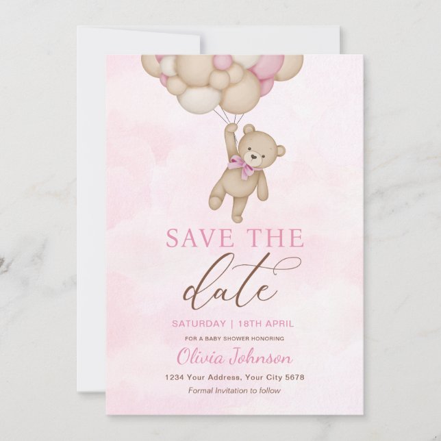 Convites Cute Bear Pink Save the Date (Frente)