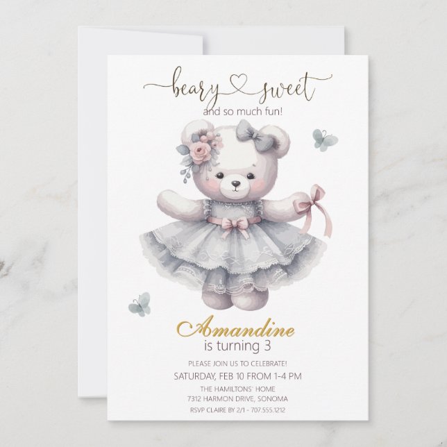 Convites Cute bearly sweet  girl birthday  Invitation (Frente)