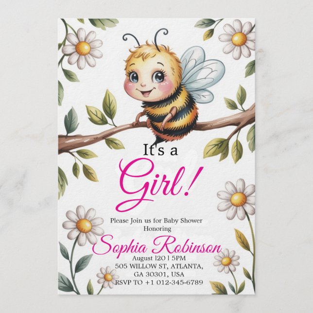 Convites Cute Bee & Daisy Baby Shower Invitation (Frente)