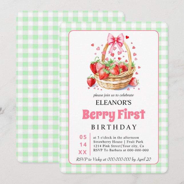 Convites Cute Berry First Birthday strawberries for girls (Frente/Verso)