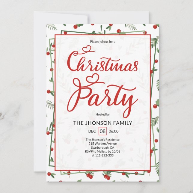 Convites Cute Berry Pattern Calligraphy Christmas Party  (Frente)