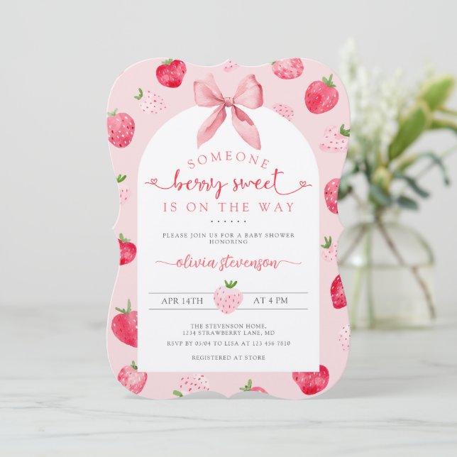 Convites Cute Berry Sweet Strawberry Pink Baby Shower (Em pé/Frente)