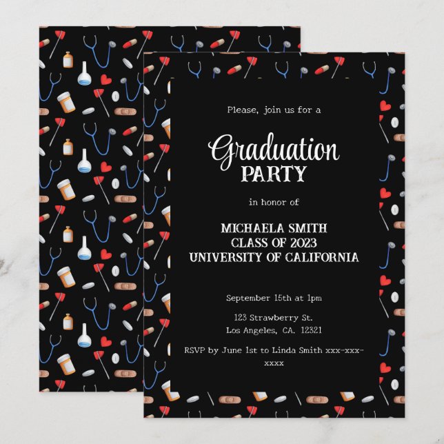 Convites Cute Black Doctor Pattern Graduation Party  (Frente/Verso)