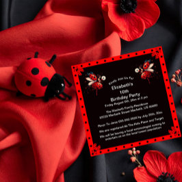 Convites Cute Black/Red Ladybug Fairy Birthday Party