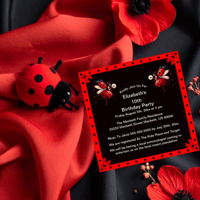 Convites Cute Black/Red Ladybug Fairy Birthday Party (Criador carregado)