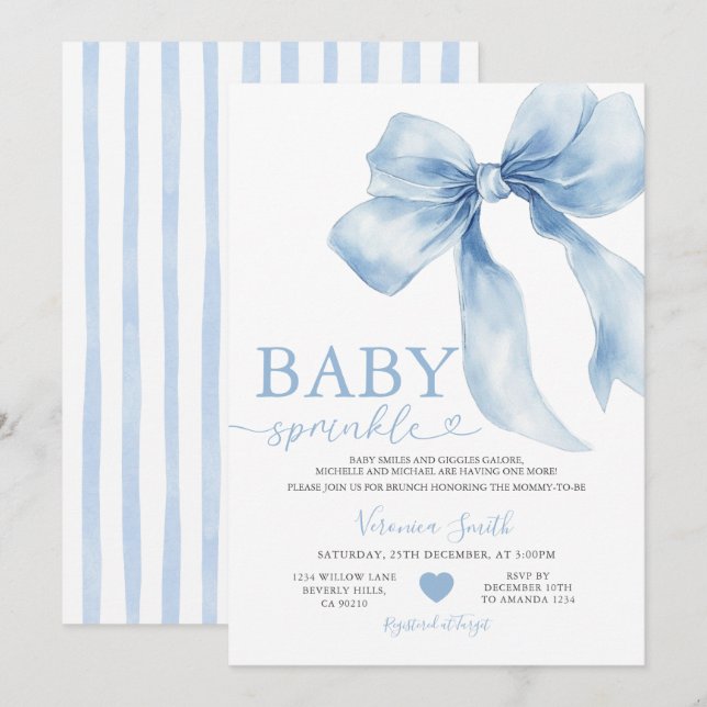 Convites Cute Blue Bow Coquette Baby Sprinkle Baby Shower (Frente/Verso)