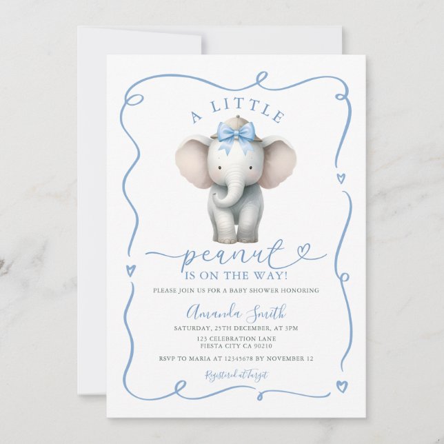 Convites Cute Blue Bow Elephant Peanut Baby Shower  (Frente)