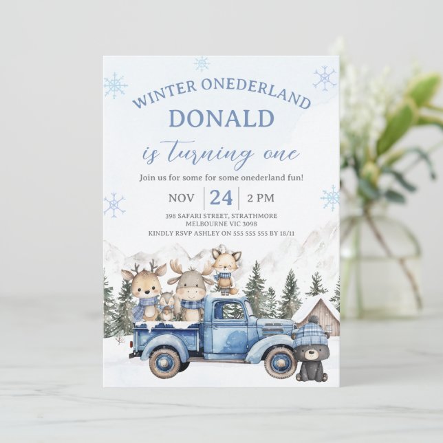 Convites Cute Blue Editiable Winter Onederland Birthday  (Em pé/Frente)