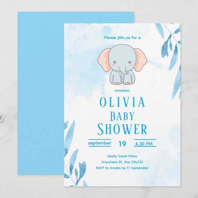 Convites Cute Blue Elephant Baby Shower (Frente/Verso)