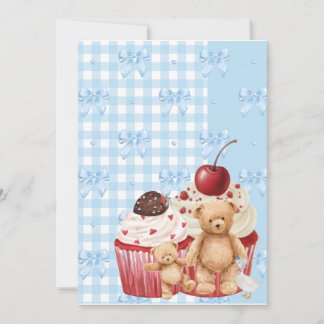 Convites Cute Blue Gingham Teddy Bear & Ribbon 