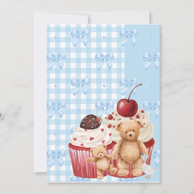 Convites Cute Blue Gingham Teddy Bear & Ribbon  (Frente)