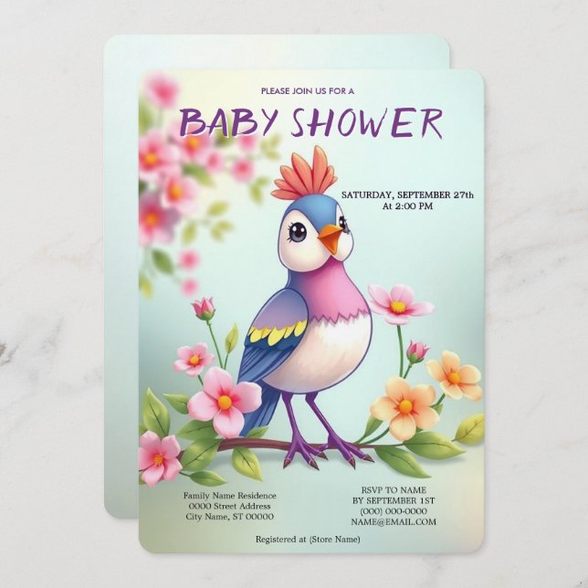 Convites Cute Blue Pink Bird Floral Baby Shower Invitation (Frente/Verso)