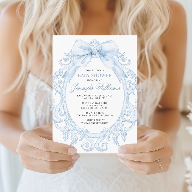Convites Cute Blue Toile Frame Bow Baby Boy Shower (Criador carregado)
