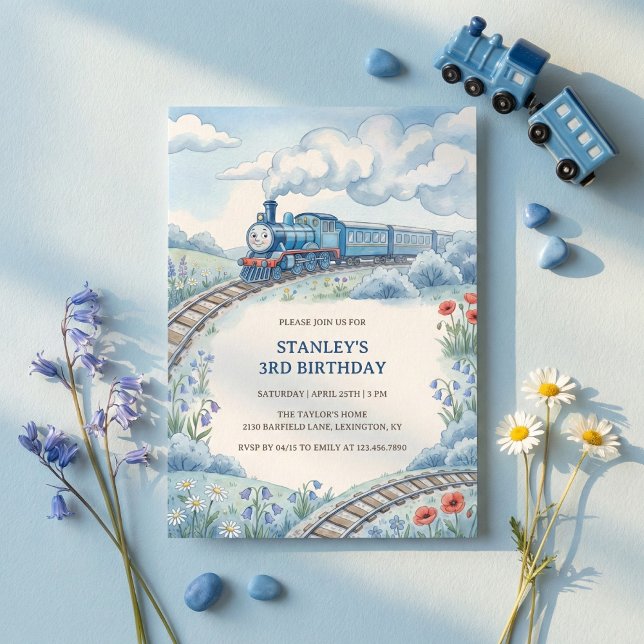 Convites Cute Blue Train Watercolor Boys Birthday Party (Blue Train Birthday Party Invitation for Boys)