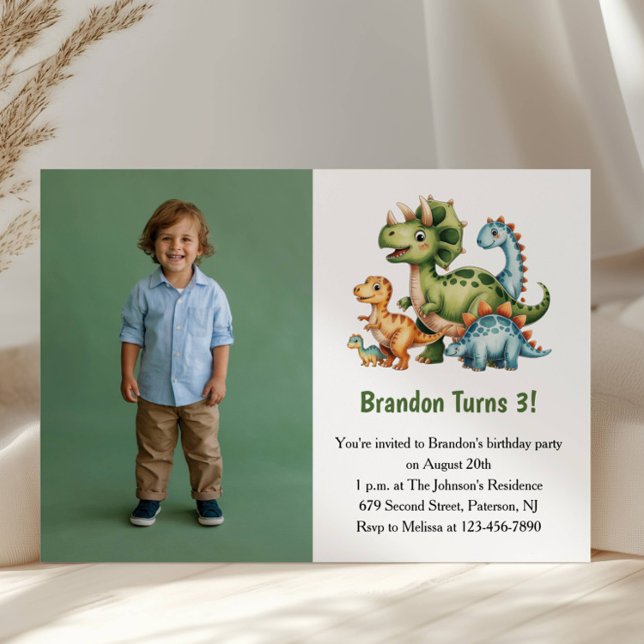 Convites Cute Boy Dinosaur Photo Kids 3rd Birthday Party (Criador carregado)