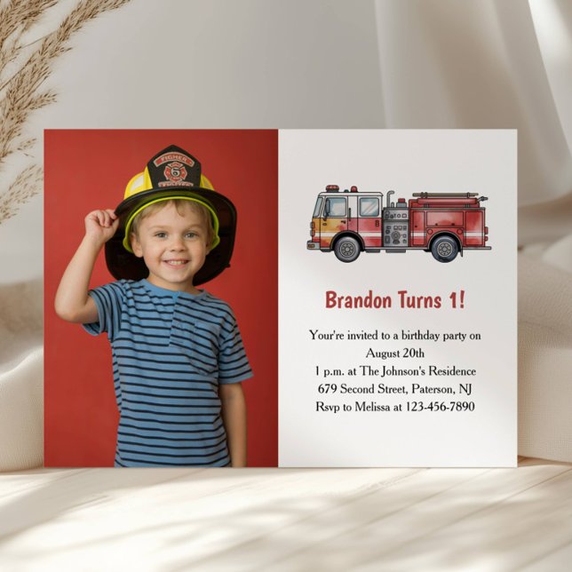 Convites Cute Boy Firefighter Photo Kids 1st Birthday Party (Criador carregado)
