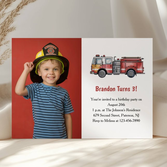 Convites Cute Boy Firefighter Photo Kids 3rd Birthday Party (Criador carregado)
