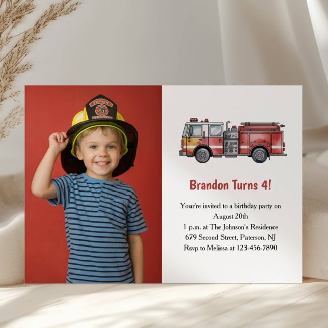 Convites Cute Boy Firefighter Photo Kids 4th Birthday Party (Criador carregado)