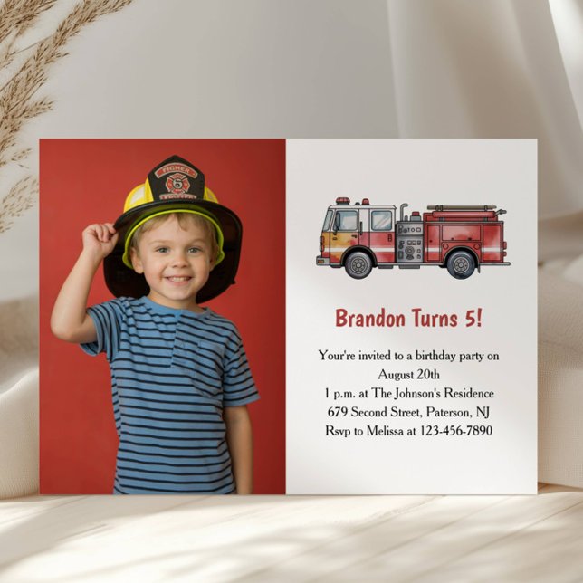 Convites Cute Boy Firefighter Photo Kids 5th Birthday Party (Criador carregado)