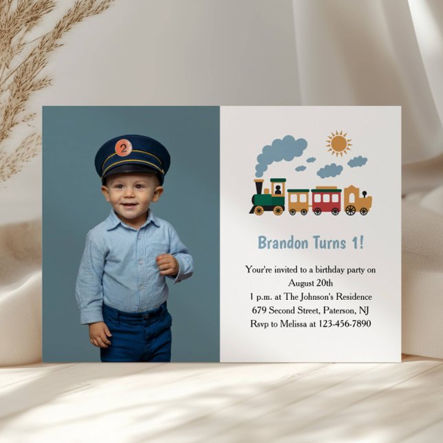 Convites Cute Boy Train Photo Kids 1st Birthday Party (Criador carregado)