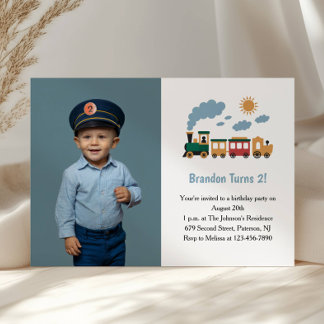 Convites Cute Boy Train Photo Kids 2nd Birthday Party
