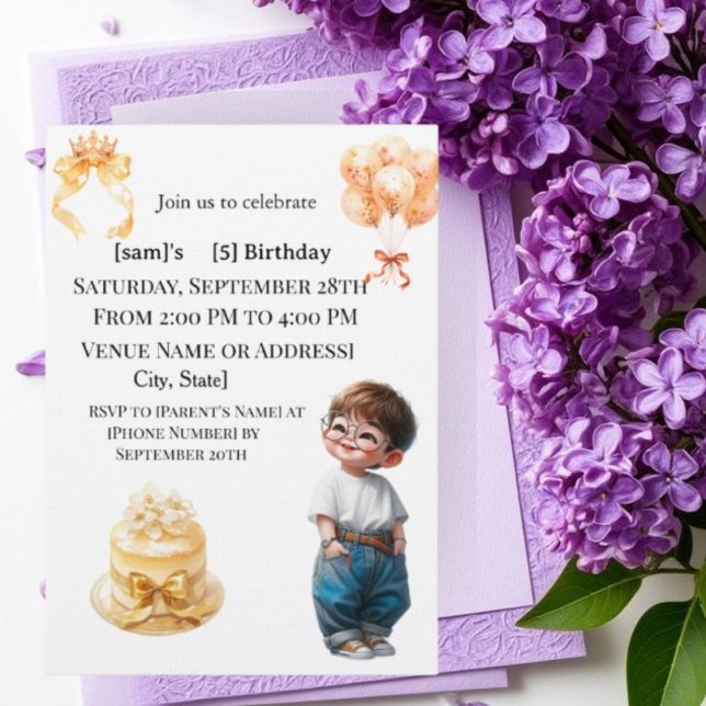 Convites Cute Boy with Glasses 5th Birthday Party Invitatio (Criador carregado)