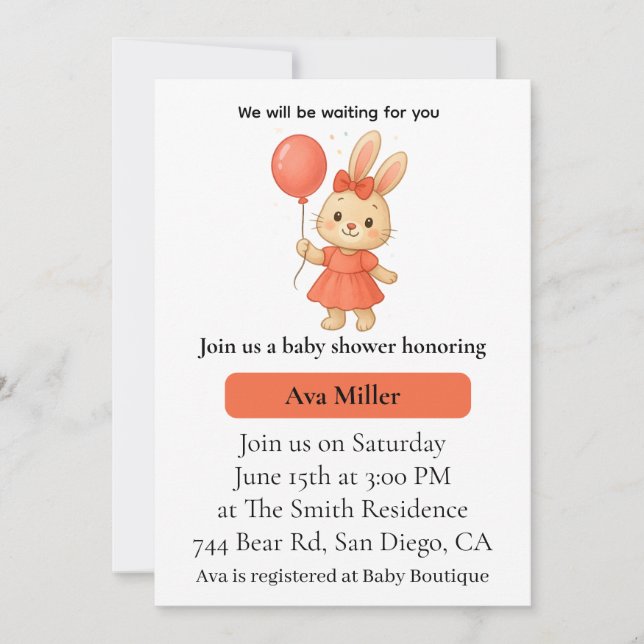 Convites Cute Bunny Baby Shower Invitation | Pink Floral De (Frente)