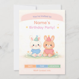 Convites Cute Bunny Birthday Invitation | Pastel Kids Birth