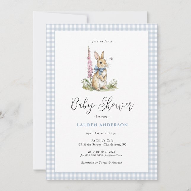 Convites Cute  Bunny Blue Baby Boy Shower  (Frente)