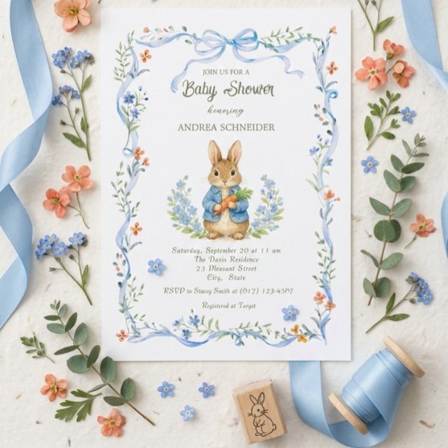 Convites Cute Bunny Boy Floral Blue Bow Baby Shower (Criador carregado)